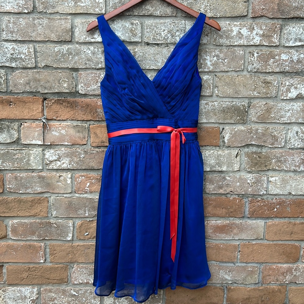 Belsoie blue with red ribbon formal dress. Size 4.